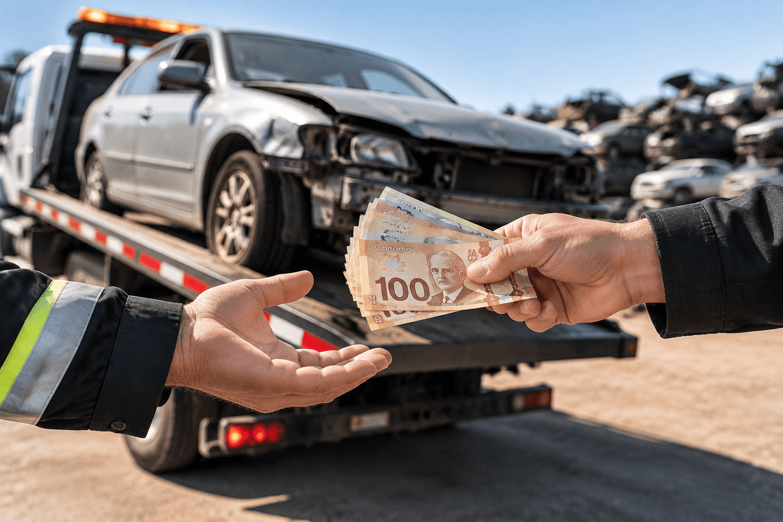 Hands exchanging cash for a damaged scrap car during a vehicle pickup in Brampton.