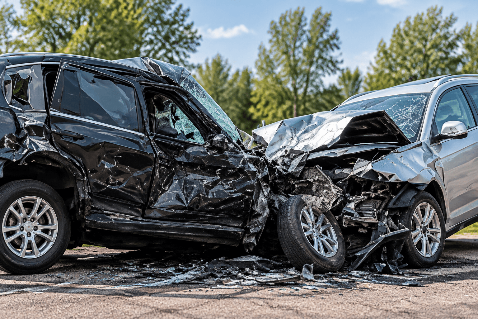 Damaged Cars After Collision in Brampton Two severely damaged vehicles after a collision, suitable for scrap car removal and recycling in Brampton.