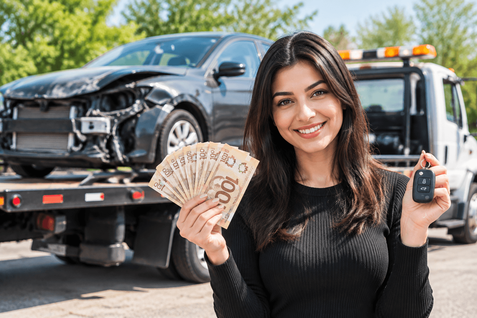 Customer receiving cash for a damaged scrap car with free towing in Caledon, Ontario.