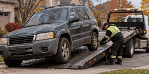 Owner and tow truck preparing to remove a scrap car without keys in Ontario